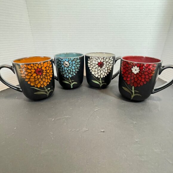Set Of 4 Gibson Home Black Floral Ceramic Mugs With Multicolor Interiors Dishwas - Picture 4 of 11